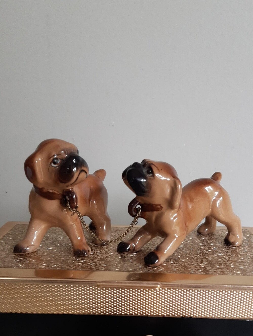 *2 for $20 deal* Ceramic Boxer Puppies / Chained Dog Figurine Pair - Japan